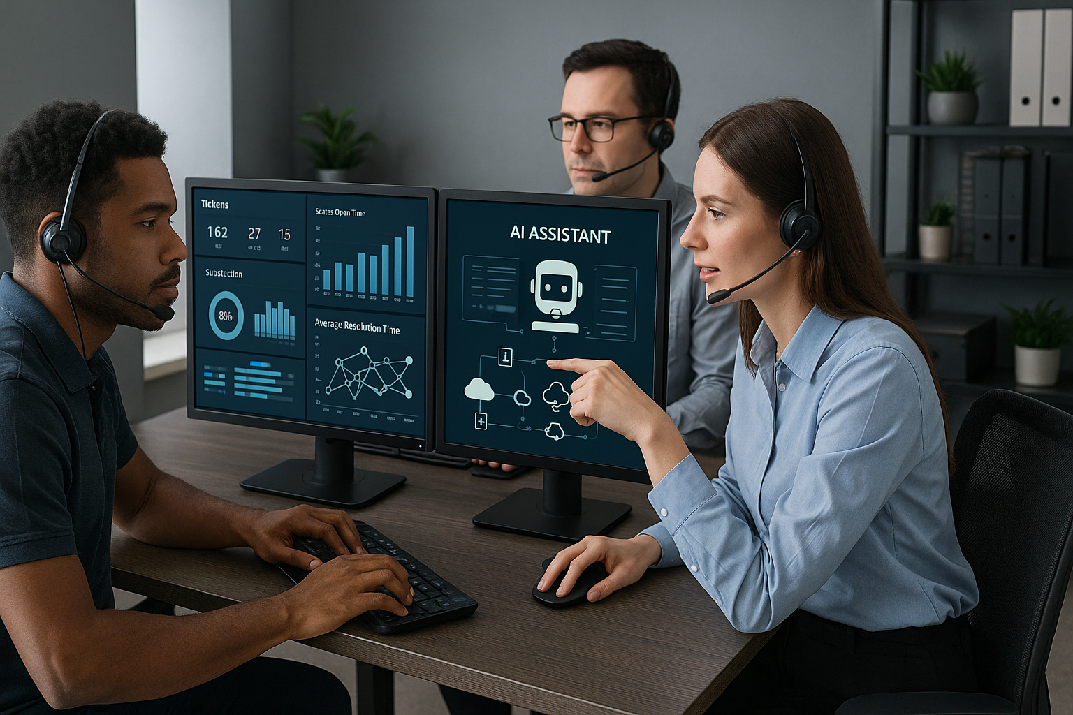 A modern IT help desk team using advanced analytics dashboards and AIpowered tools with network map graphics and cloudbased workflow automation in a professional service environment