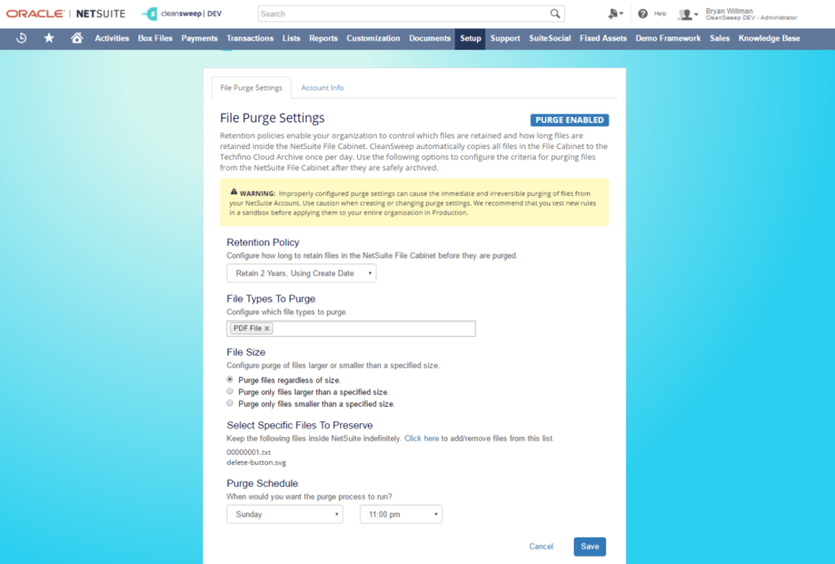 NetSuite file archive and purge