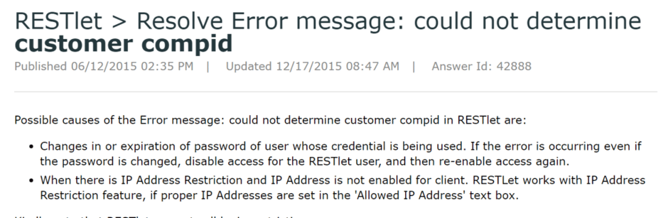 restlet resolve error message - could not resolve customer compid