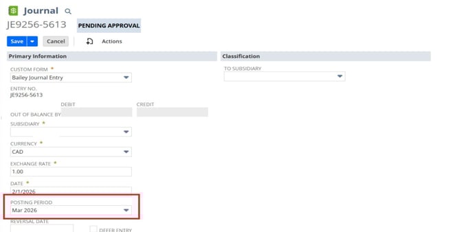 NetSuite 2026.1 journal entry posting period update — pending approval screen