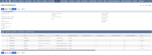 NetSuite Inbound Shipment record with purchase order lines from multiple vendors on one shipment