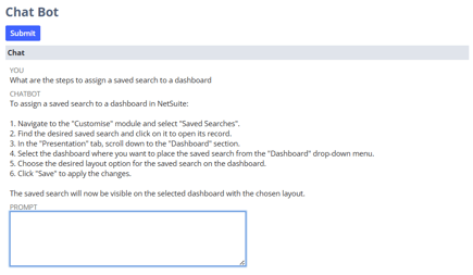 NetSuite chatbot Suitelet answering how to assign a saved search to a dashboard