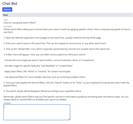 NetSuite chatbot Suitelet explaining step by step how to use global search filters