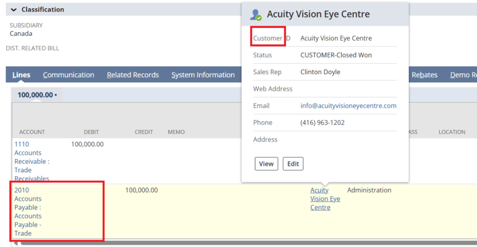Journal entry with the Accounts Payable line tagged to a customer instead of a vendor