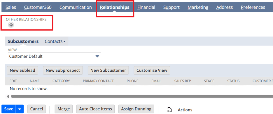 Customer record Relationships tab with the Other Relationships add button highlighted