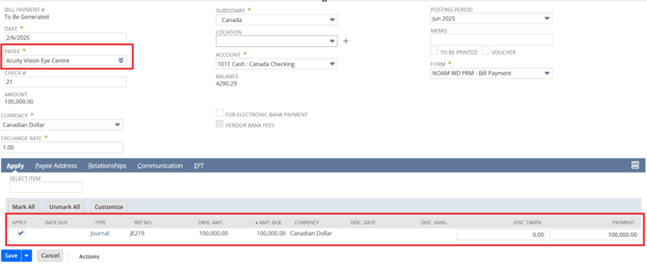 Bill Payment applying the AP journal entry to the customer-vendor to clear the open balance