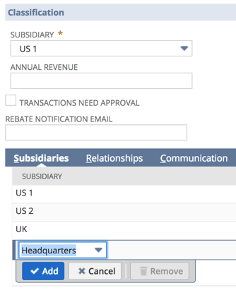 Customer record Subsidiaries subtab assigning one customer to multiple subsidiaries