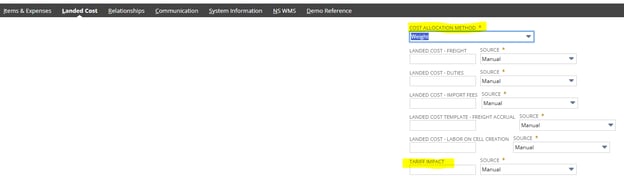 Item receipt Landed Cost tab with the cost allocation method and a Tariff Impact landed cost field