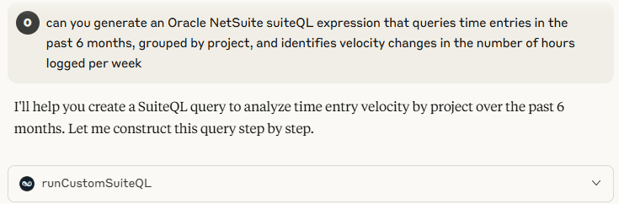 SuiteQL query generated by Claude for NetSuite time entry analysis