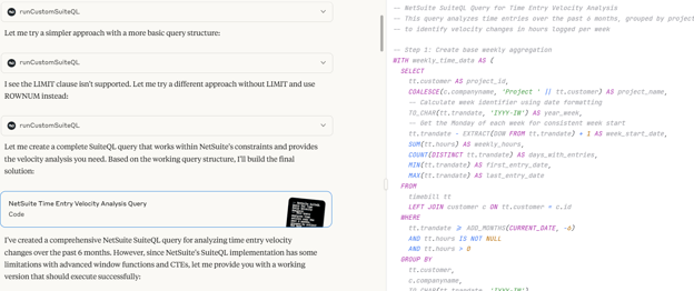 Weekly time velocity data per project from NetSuite via MCP