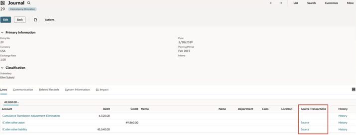 NetSuite 2026.1 intercompany elimination source transactions view