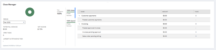 NetSuite 2026.1 Close Manager dashboard portlet showing AR, AP tasks, KPIs and exception detection