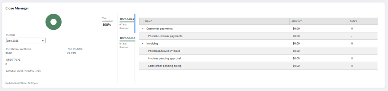 NetSuite 2026.1 Close Manager dashboard portlet showing AR, AP tasks, KPIs and exception detection