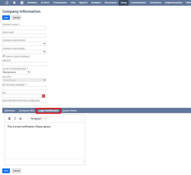 NetSuite 2026.1 Login Notification user acknowledgment screen with Acknowledge Button