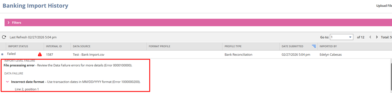 NetSuite 2026.1 Banking Import History page showing standardized import-level and account-level error codes