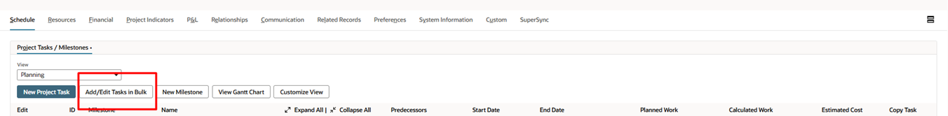 NetSuite 2026.1 Add and Edit Tasks in Bulk inline button on project record