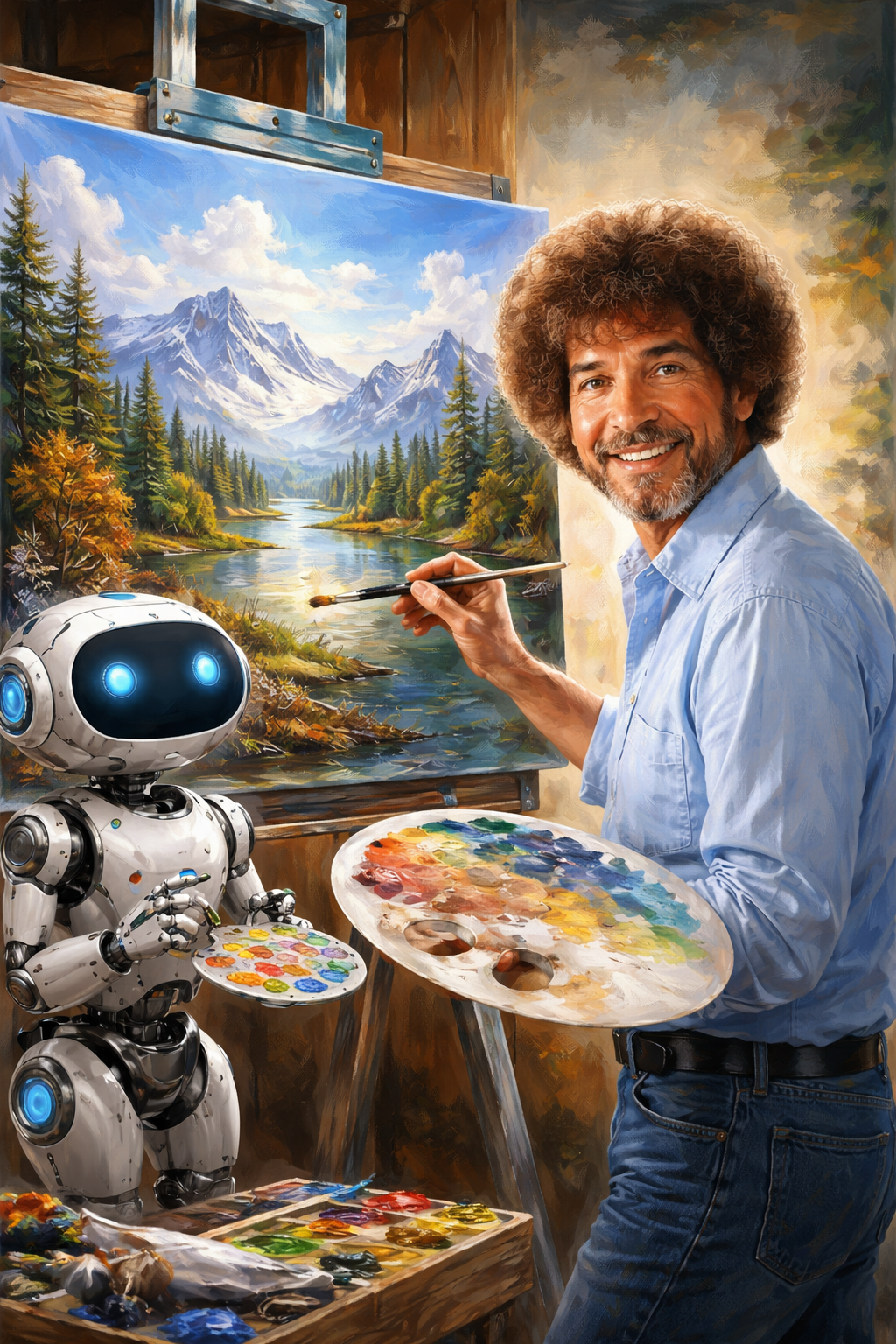 Bob Ross painting alongside an AI robot companion