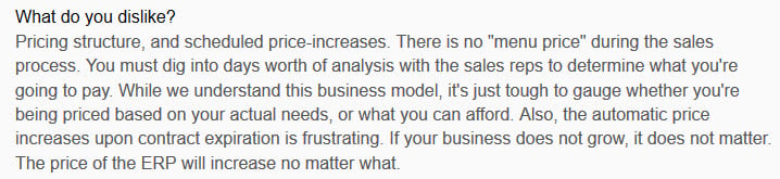 G2 reviewer quote on NetSuite renewal price increases that apply even if your business does not grow