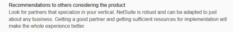 G2 review recommending a NetSuite partner that specializes in your industry vertical