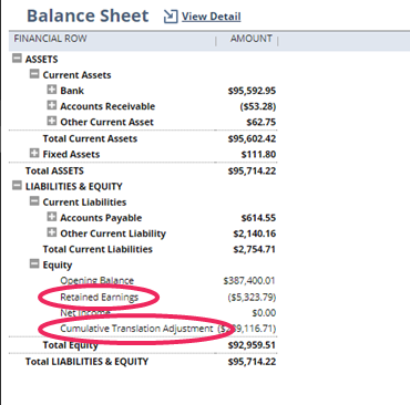 Balance sheet with Retained Earnings and Cumulative Translation Adjustment highlighted under equity